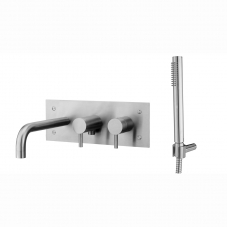 Steel 002 shower mixer complete with diverter spout and shower set in stainless steel